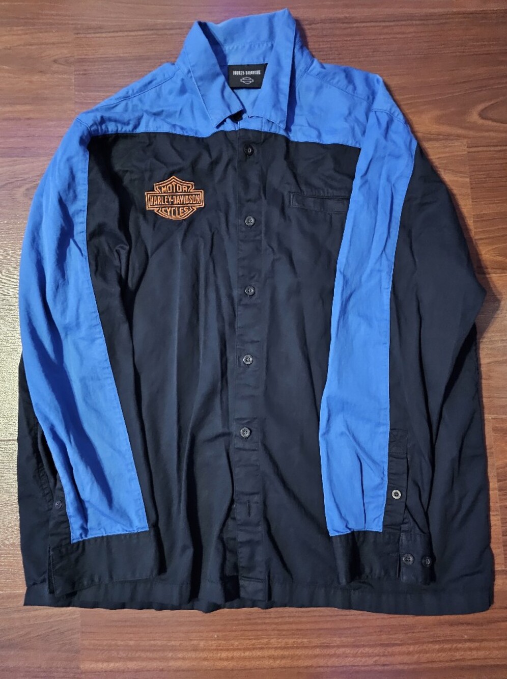 Harley-Davidson Black and Blue Button-Front Shirt Jacket with Orange Patch